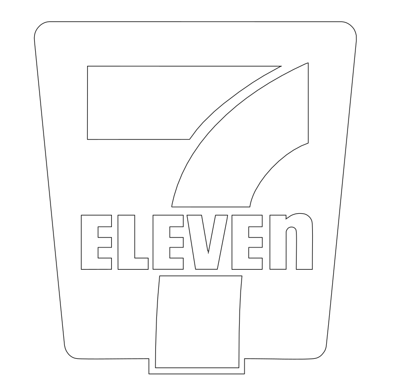 7-Eleven logo vector line drawing, numeral 7 with horizontal bar, ELEVEN wordmark and trapezoid shield outline.