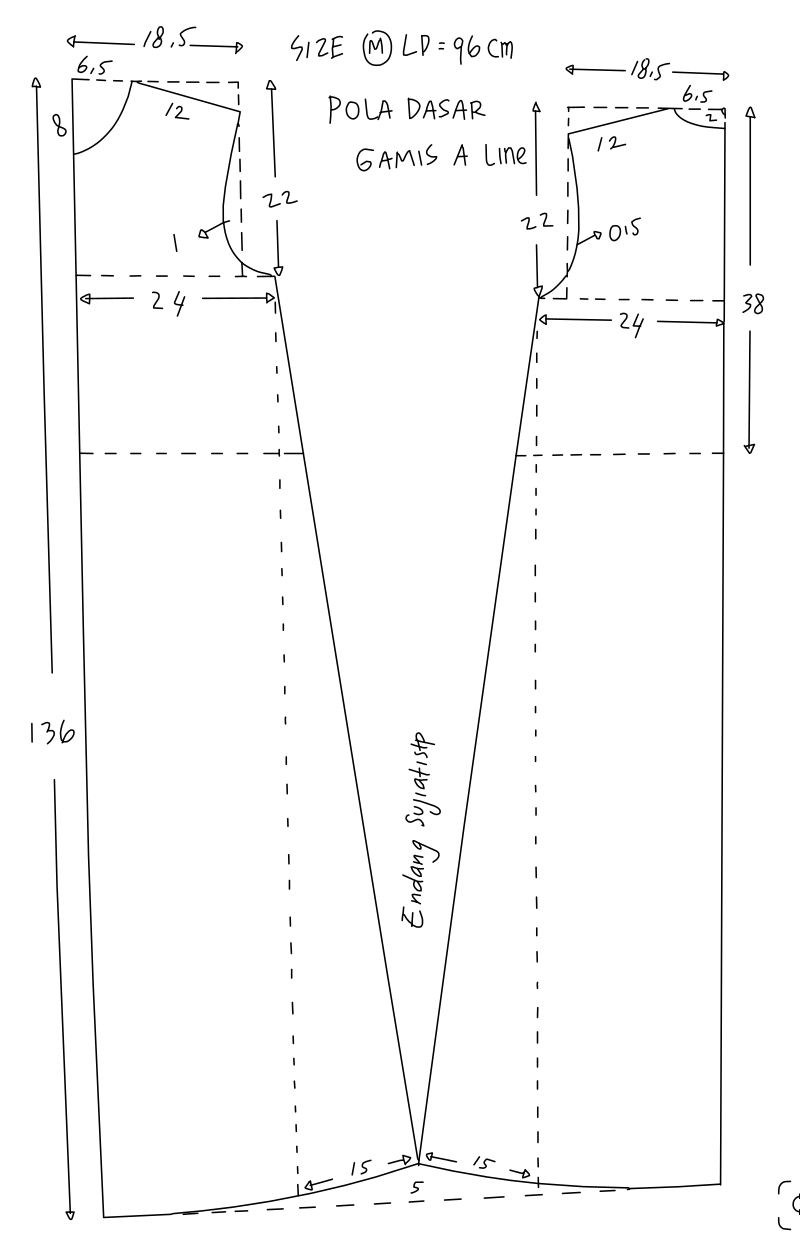 A-line gamis sewing pattern vector line drawing, bodice blocks with armhole curves and full-length flared skirt panel.