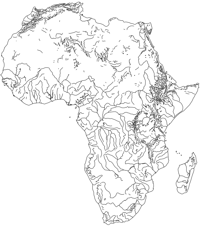 Africa continent vector line drawing, full continental outline, river networks, lake basins and topographic contour lines including Madagascar.