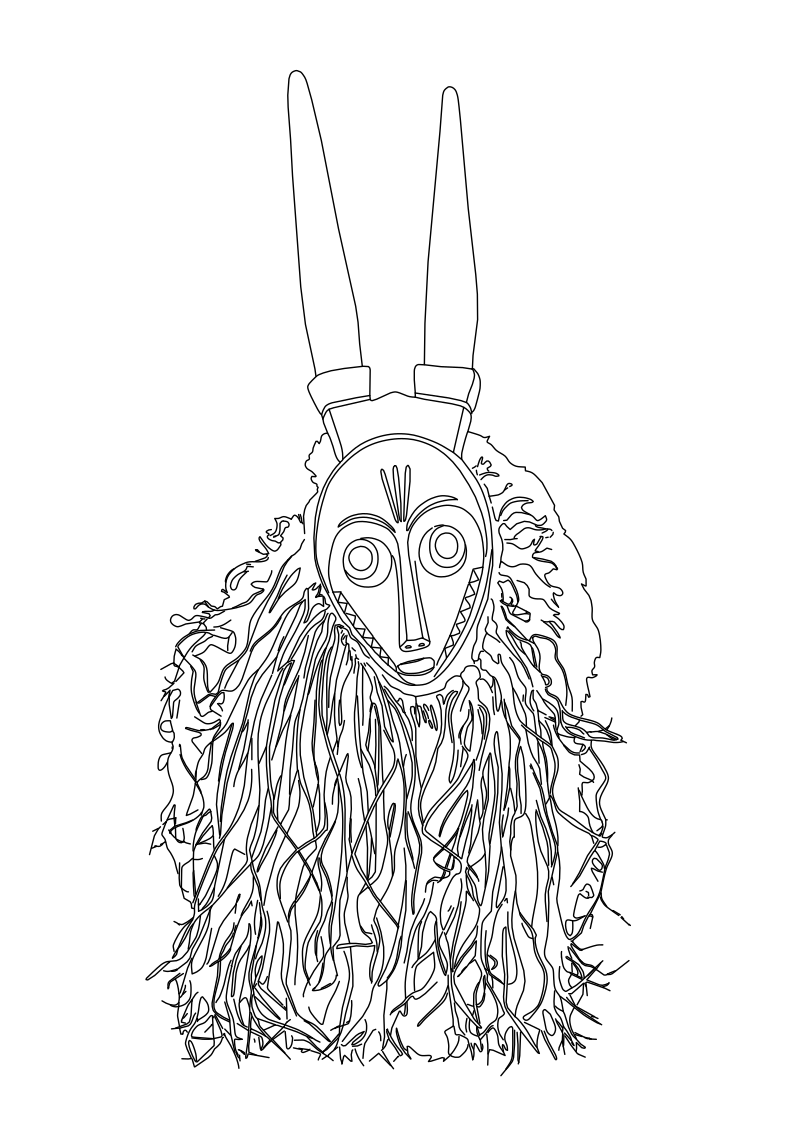 African tribal mask vector line drawing, oval face with geometric markings, paired animal horns and raffia fiber fringe surround.