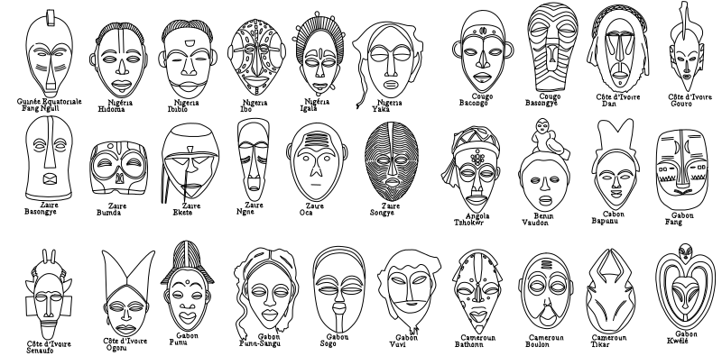 African tribal masks collection vector line drawing, thirty cultural groups with facial geometry, scarification markings and headdress profiles.