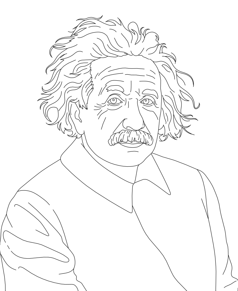 Albert Einstein portrait vector line drawing, wild hair, prominent mustache and furrowed brow line work.