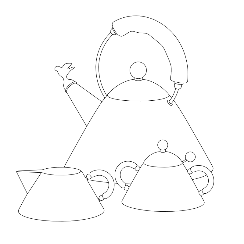 Alessi Michael Graves 9093 tea set vector line drawing, conical kettle with arched handle, bird whistle spout, and domed sugar and creamer lids.