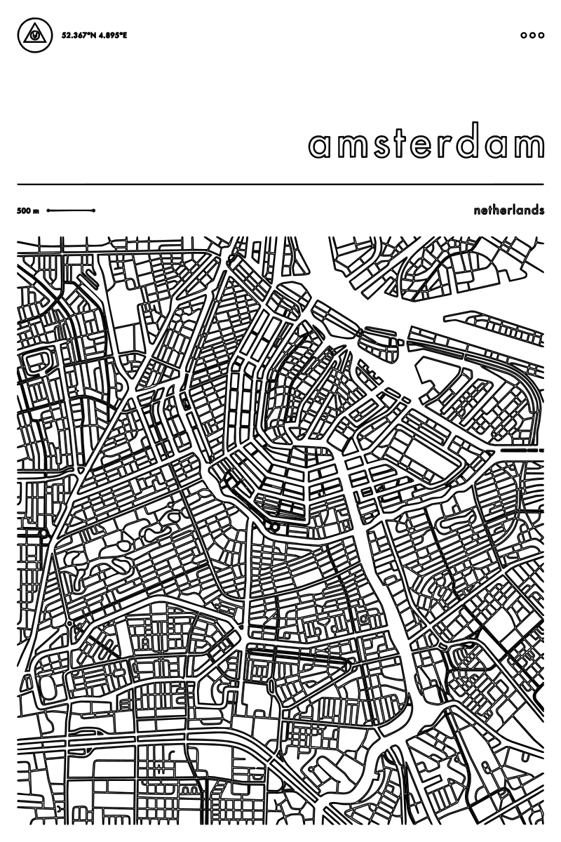 Amsterdam city map vector line drawing, canal ring street network, block outlines and radiating arterial routes.