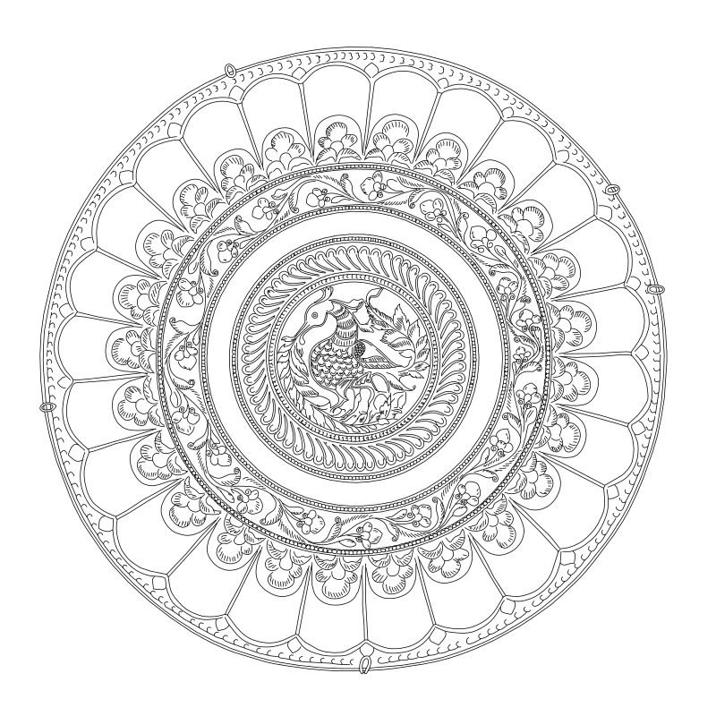 Antique brass charger plate vector line drawing, scalloped petal rim, floral scroll border and central peacock medallion.