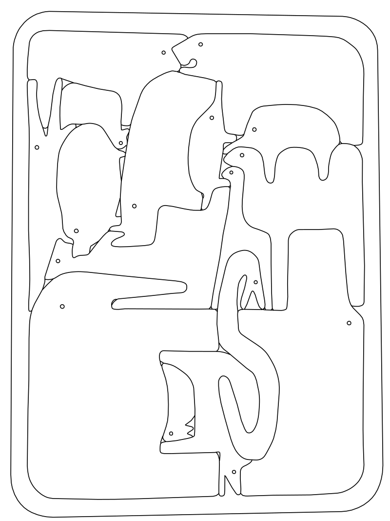 Arctic animals wooden puzzle vector line drawing, interlocking polar bear, penguin and swan silhouettes with finger-hole details.