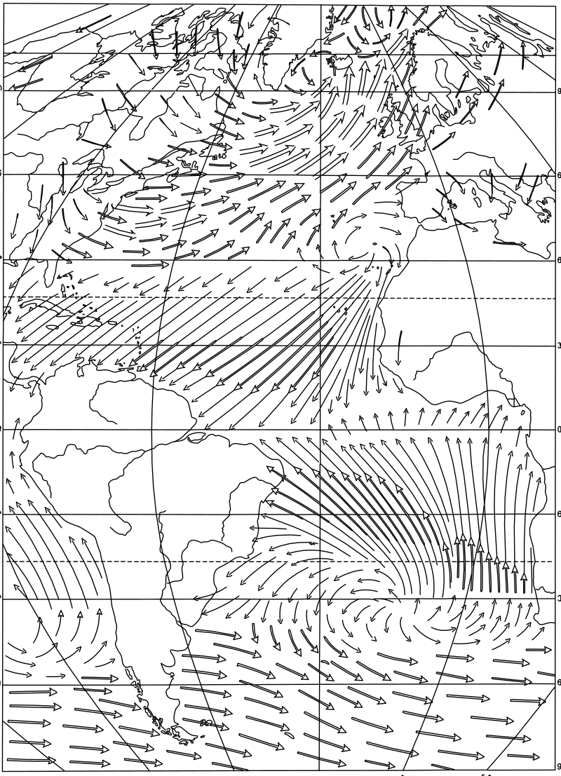 Atlantic wind and ocean current map vector line drawing, directional arrow field, gyre circulations and equatorial divergence patterns.