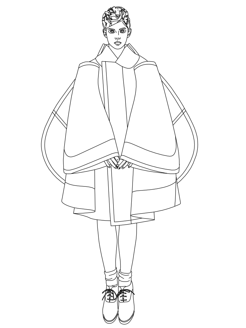 Avant-garde layered cape fashion vector line drawing, wide-wing cape, structured collar and tiered hem layers.
