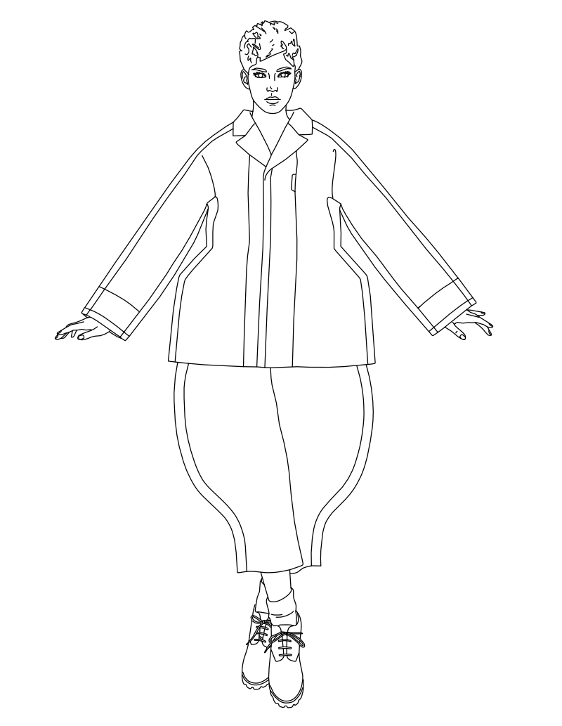 Avant-garde structured suit vector line drawing, oversized boxy jacket with V-notch collar and balloon-paneled volume skirt.