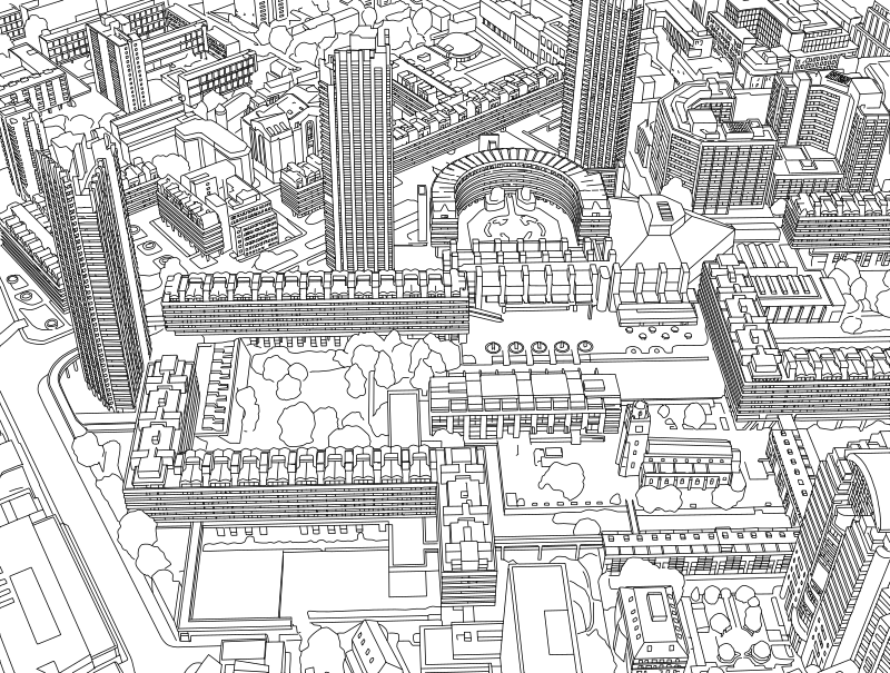 Barbican Estate London aerial vector line drawing, curved Barbican Centre terrace, residential towers and sawtooth slab block rooflines.