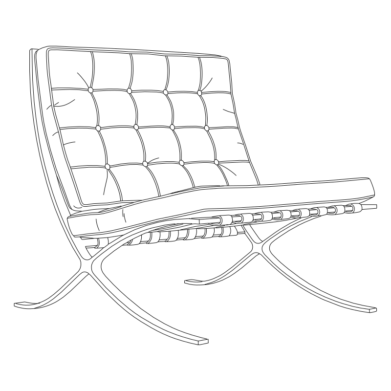 Barcelona Chair vector line drawing, tufted cushion grid, X-frame crossed legs and leather strap suspension, for CAD reference.