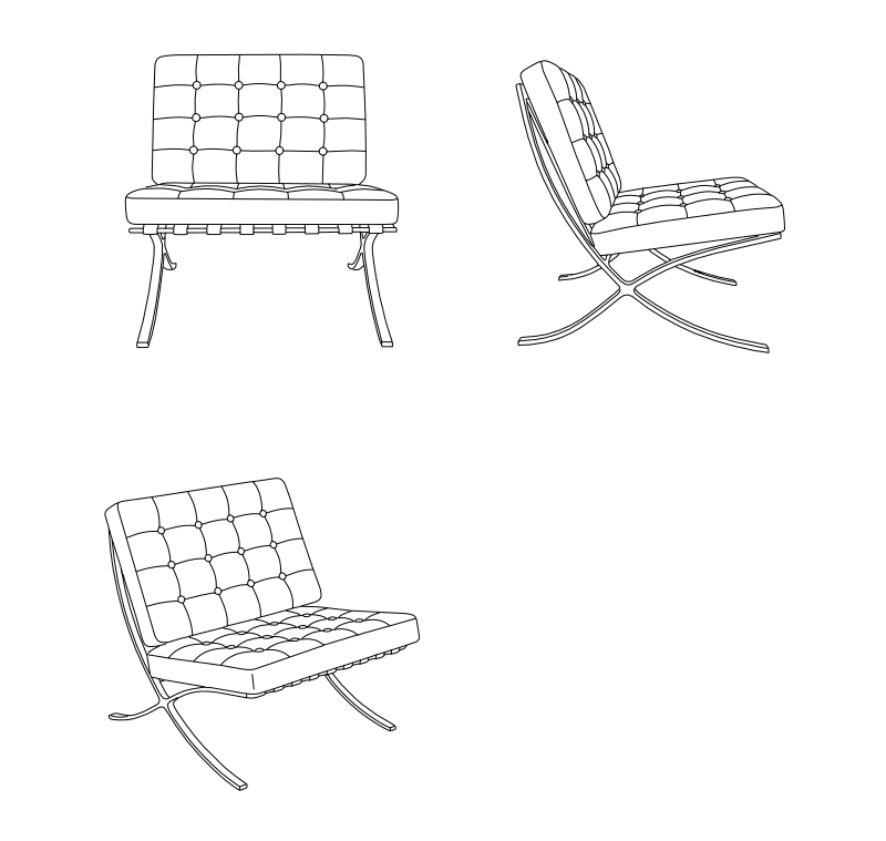 Barcelona Chair vector line drawing, tufted cushion grid, X-frame cross-braced legs and three orthographic views.