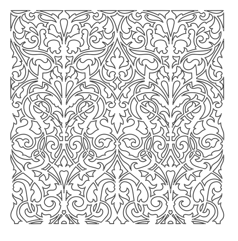 Baroque scrollwork panel vector line drawing, interlocking acanthus leaf columns, spiral volutes and fleur-de-lis finials.