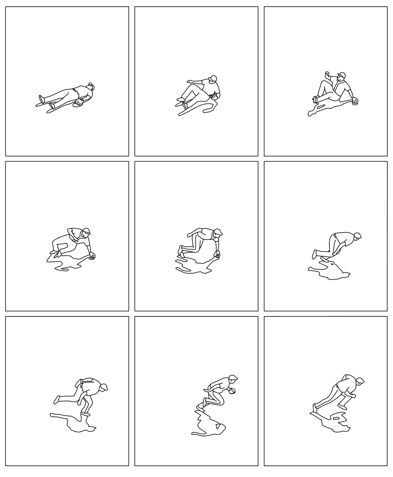 Baseball outfielder diving catch sequence vector line drawing, nine-panel motion arc from dive to upright stance with shadow forms.