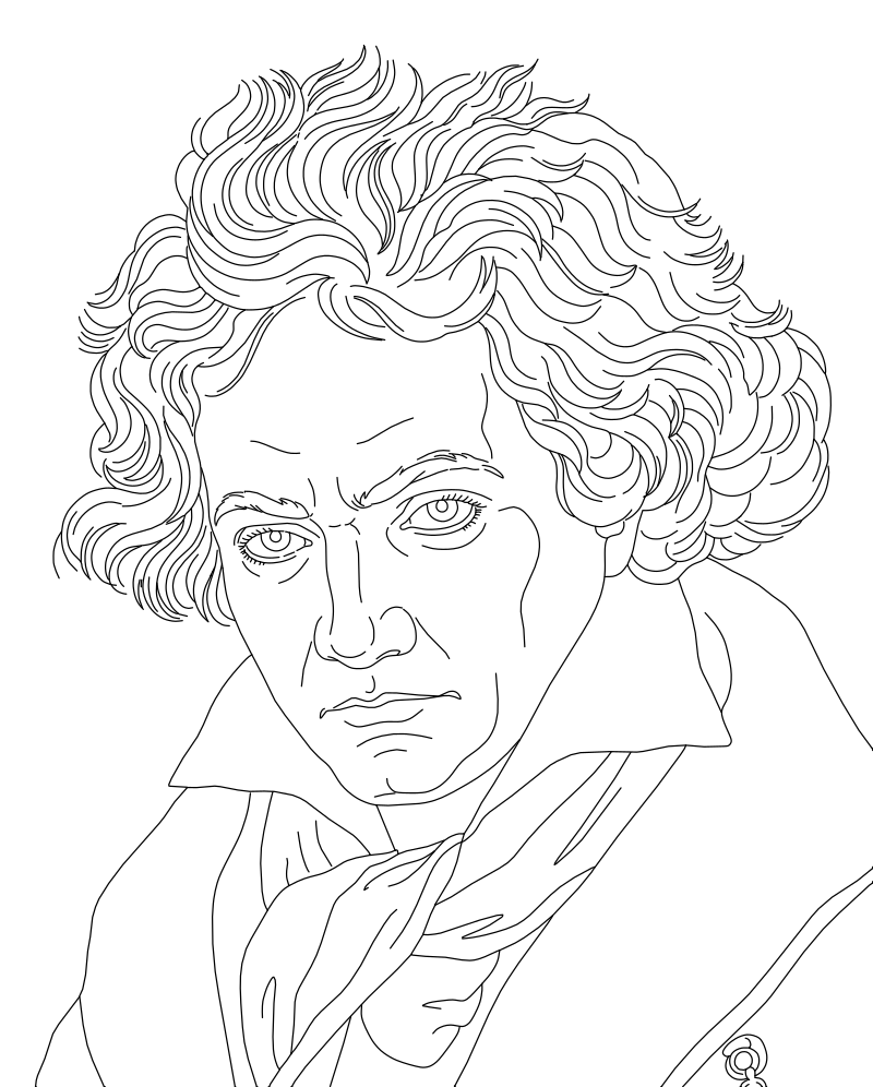 Ludwig van Beethoven portrait vector line drawing, voluminous curly hair, furrowed brow and period coat with cravat.