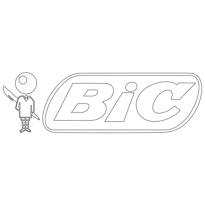 BIC logo vector line drawing, pill-shaped wordmark with bold letterforms and BIC Boy mascot figure holding a pen.