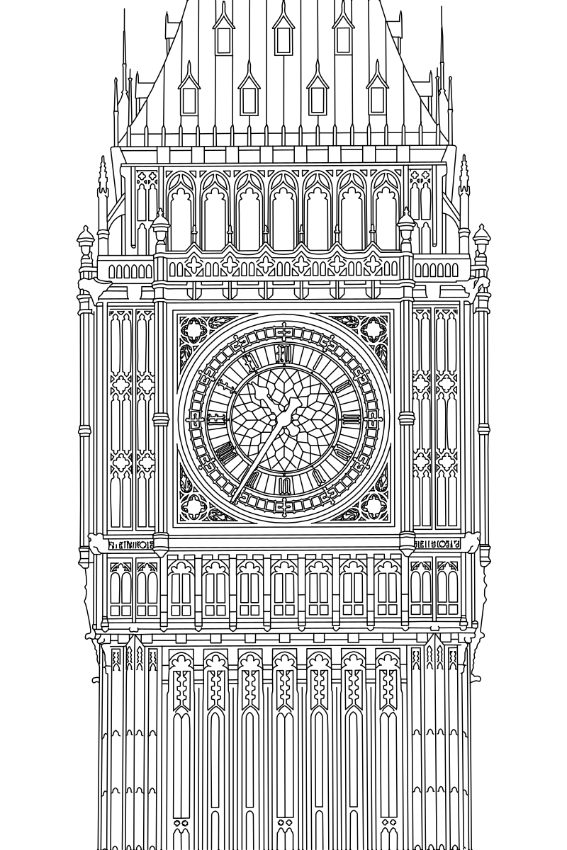 Big Ben Elizabeth Tower vector line drawing, Gothic Revival clock face with Roman numerals, ornate tracery surround and pinnacled spire crown.