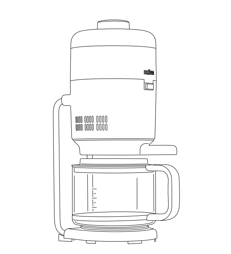 Braun KF 20 coffee maker vector line drawing, cylindrical reservoir, domed cap, glass carafe with measurement markings and ventilation grilles.