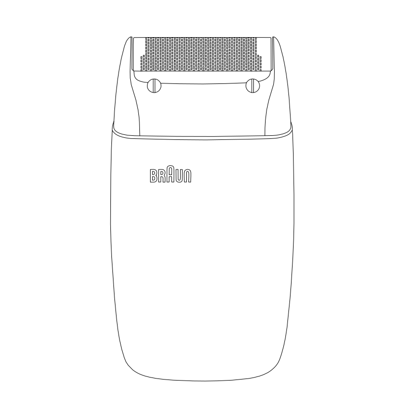 Braun foil electric shaver vector line drawing, rounded body, arched mesh foil head and thumb-screw release buttons.