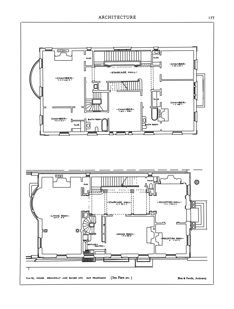Broadway and Baker Street house floor plans vector line drawing, two-story layout with chambers, staircase hall, living room and reception rooms, for CAD reference.