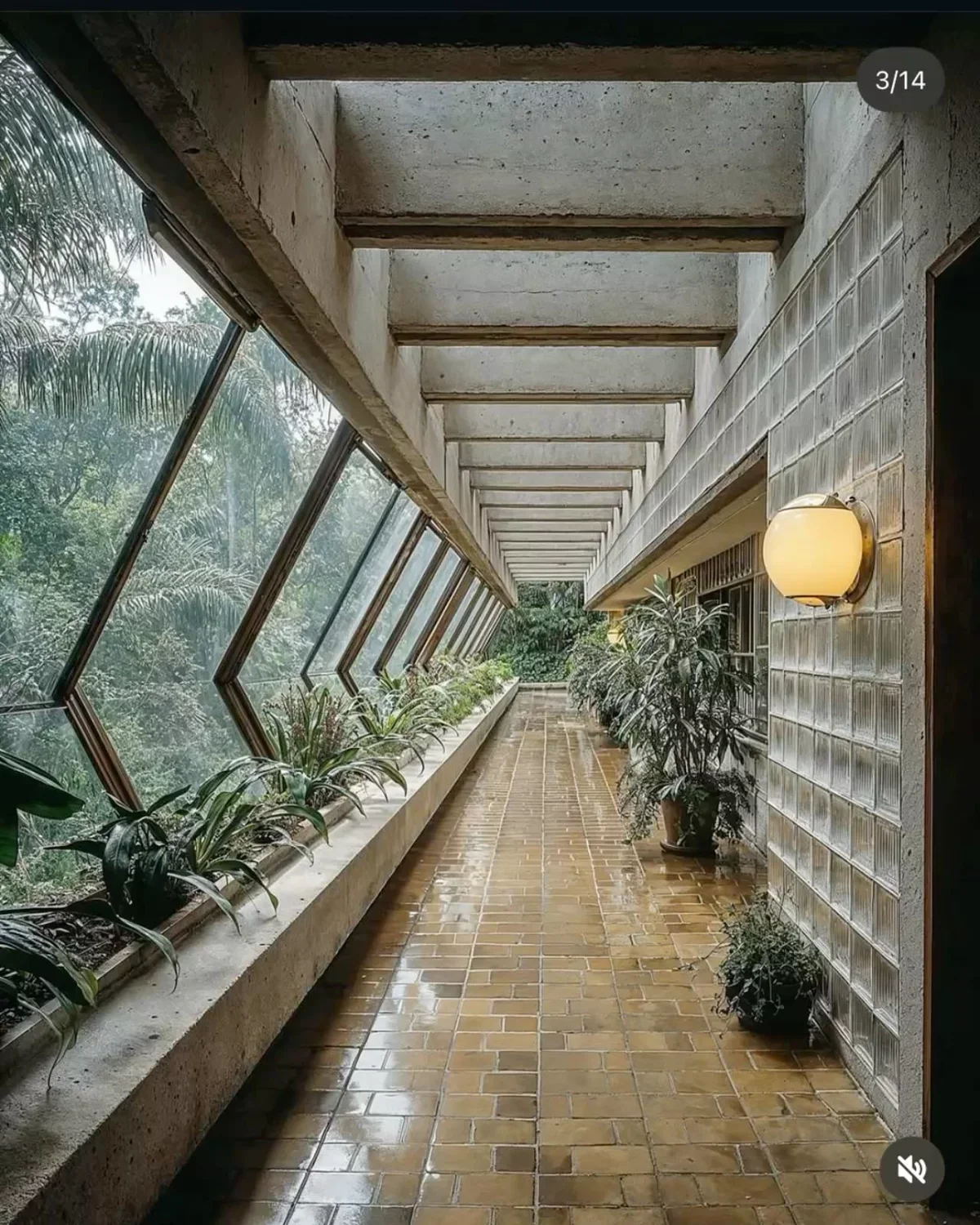 Original photo — Brutalist Corridor with Glass Block Wall
