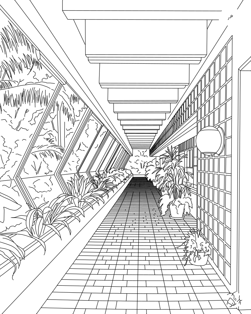 Brutalist corridor interior vector line drawing, repeating concrete ceiling beams, angled glazing, glass block wall and brick-tile floor grid.