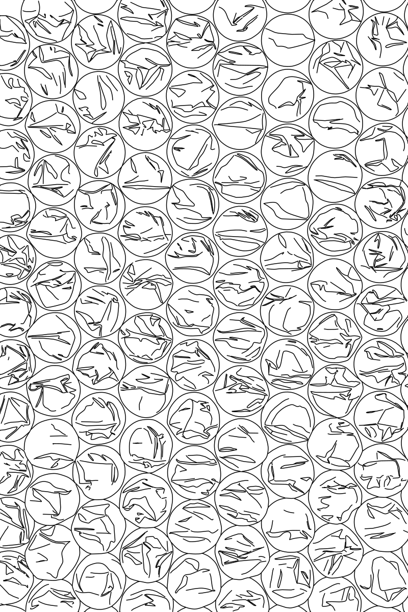 Bubble wrap pattern vector line drawing, grid of circular domes with radial crease lines and interlocking flat seams.