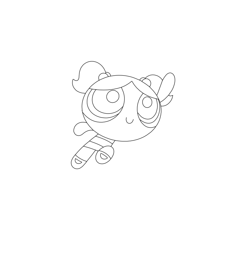 Bubbles Powerpuff Girls vector line drawing, oversized eyes with highlight rings, twin pigtails and striped dress.