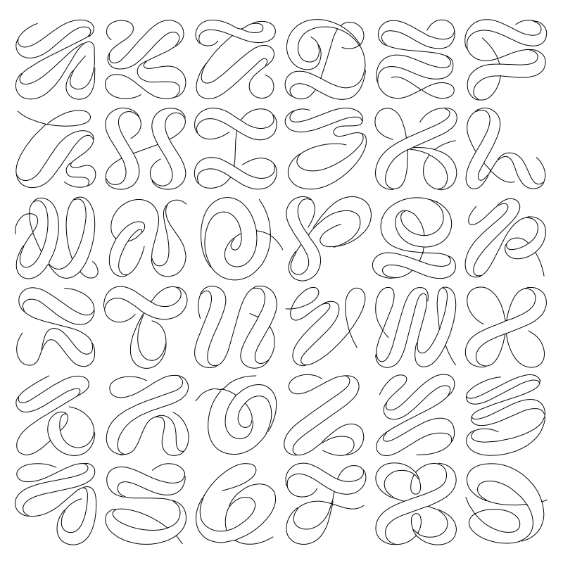 Calligraphy letterforms grid vector line drawing, 36 ribbon-stroke glyphs with looping flourishes and interlocking spiral paths.