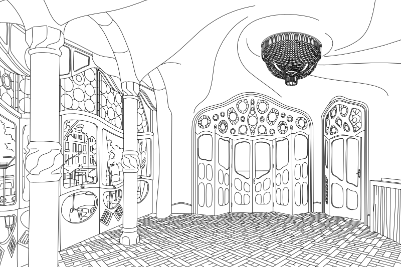 Casa Batlló interior Gaudí vector line drawing, swirling vaulted ceiling, bone-column arcade and ornate folding doors with circular medallions.