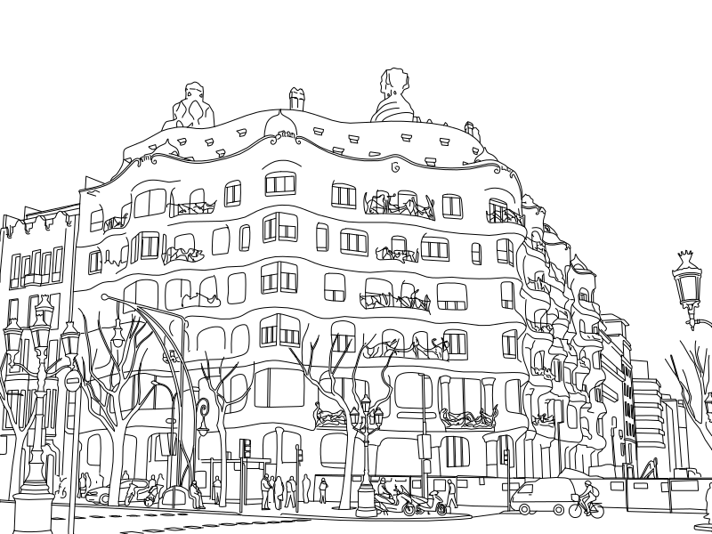 Casa Milà La Pedrera vector line drawing, undulating facade, organic window apertures and sculptural roofline figures.