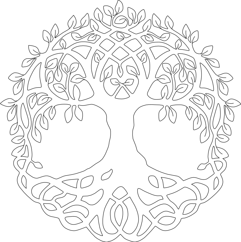 Celtic Tree of Life vector line drawing, interlaced knotwork roots, symmetrical leafy canopy and circular branch border.