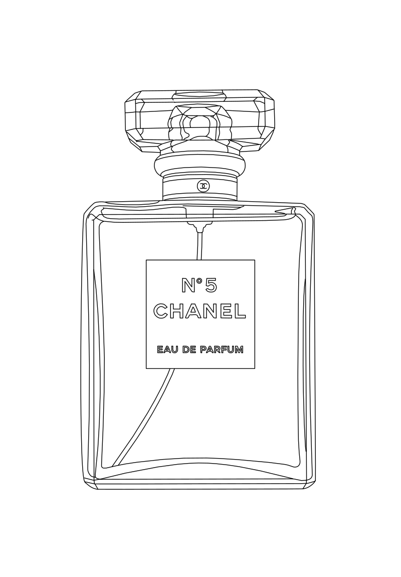 Vector line drawing of a Chanel No. 5 Eau de Parfum bottle, showing the faceted rectangular stopper, cylindrical collar, concave bottle body, and square label panel.
