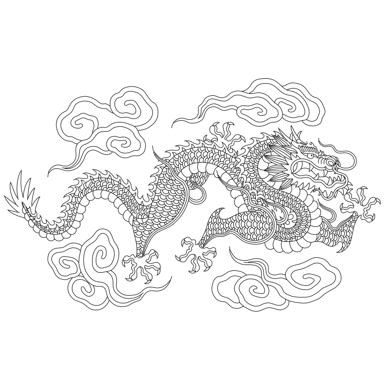 Chinese dragon vector line drawing, serpentine scaled body with clawed feet and stylized auspicious cloud formations surrounding the figure.