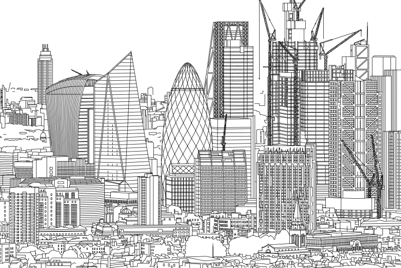 City of London skyline vector line drawing, Gherkin diamond lattice, Walkie Talkie curved form and tower cranes.