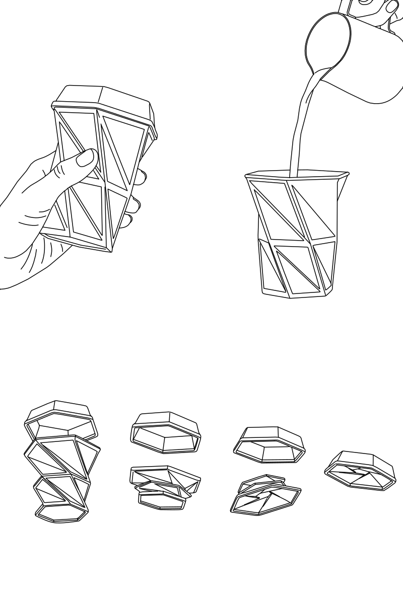 Collapsible geometric travel cup vector line drawing, faceted folding panels, hexagonal lid, and collapsed flat disassembly sequence.