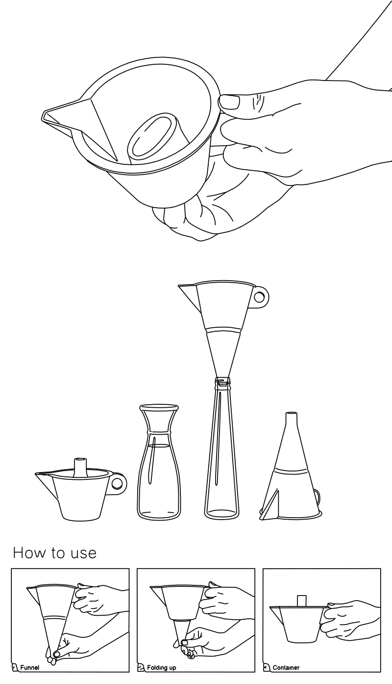 Collapsible silicone funnel vector line drawing, wide bowl rim with pouring spout, tapered neck and folded container configuration.