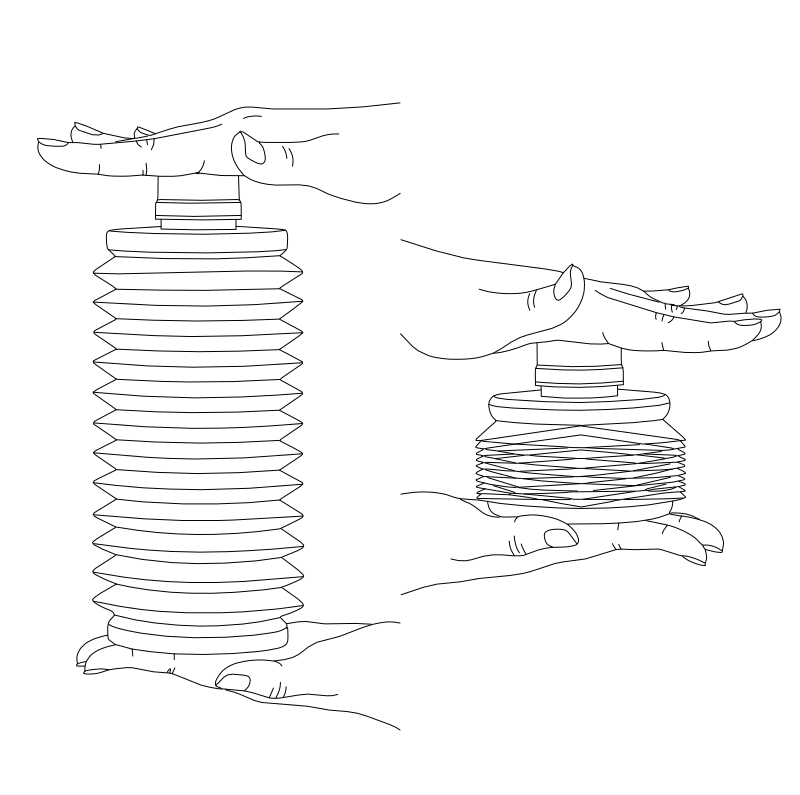 Collapsible water bottle vector line drawing, accordion ribbed bellows body, threaded cap and compressed configuration shown.