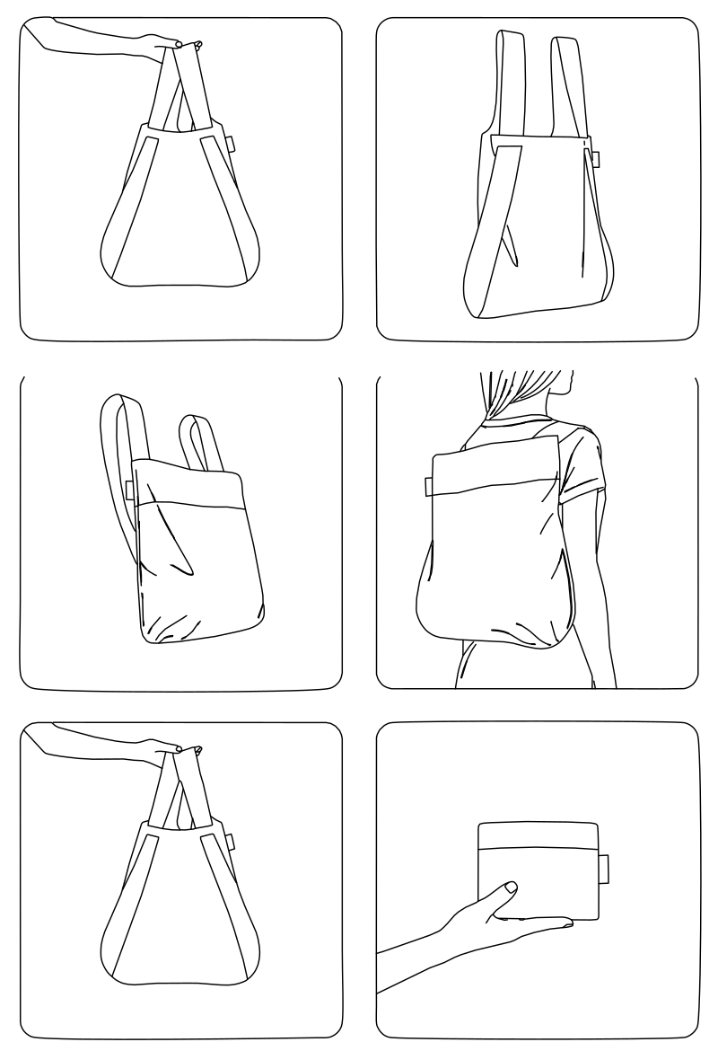 Convertible tote backpack bag vector line drawing, dual strap system, six carry configurations and compact folded storage state.