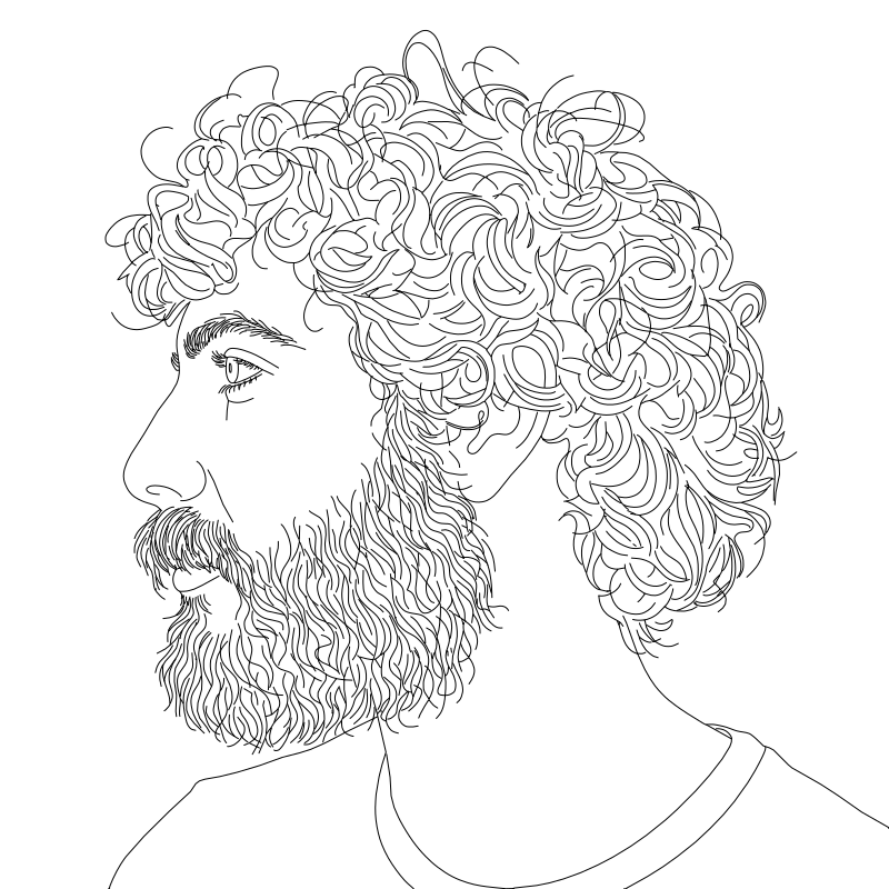 Curly haired bearded man vector line drawing, side profile with tight curl clusters, full beard detail and clean facial outline.