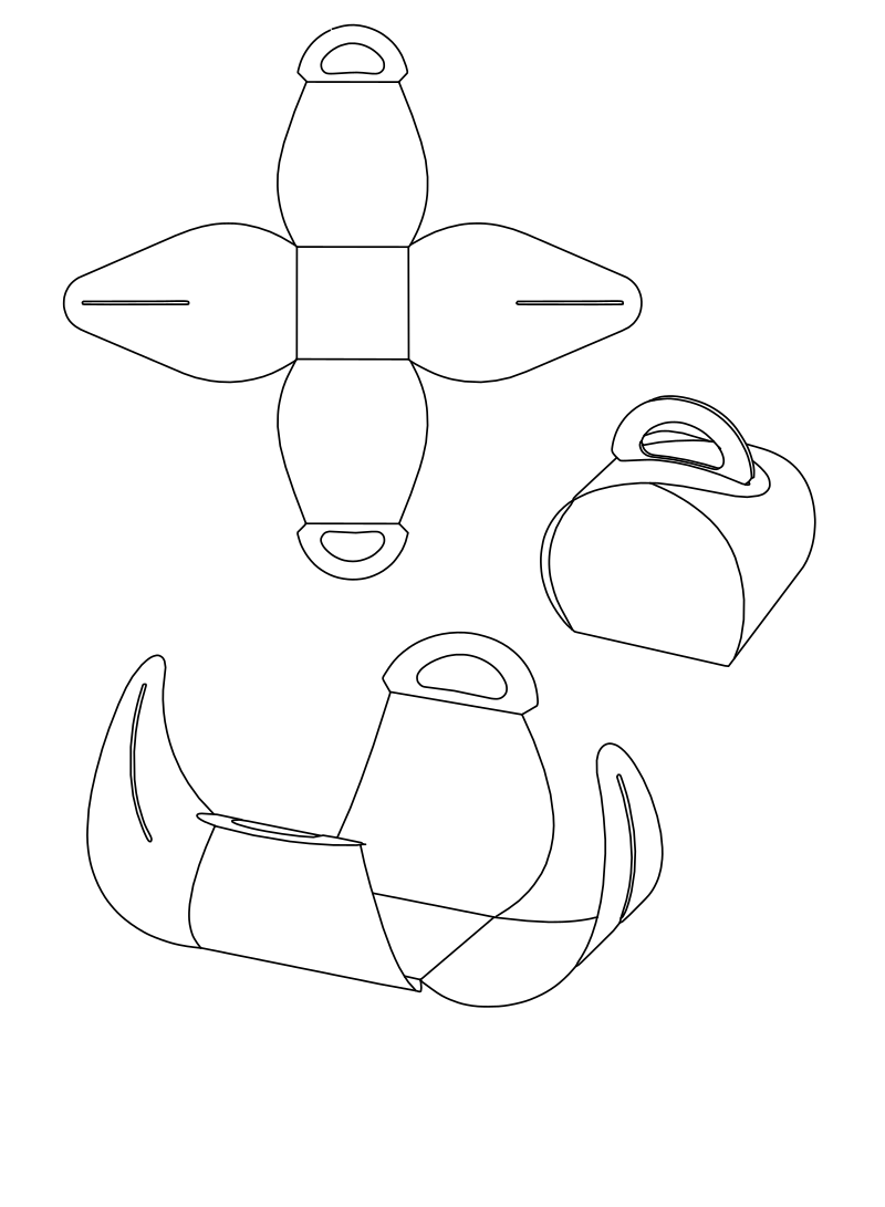 Curved handle gift box vector line drawing, flat dieline with barrel body, D-ring handle tab and pointed tuck flaps.