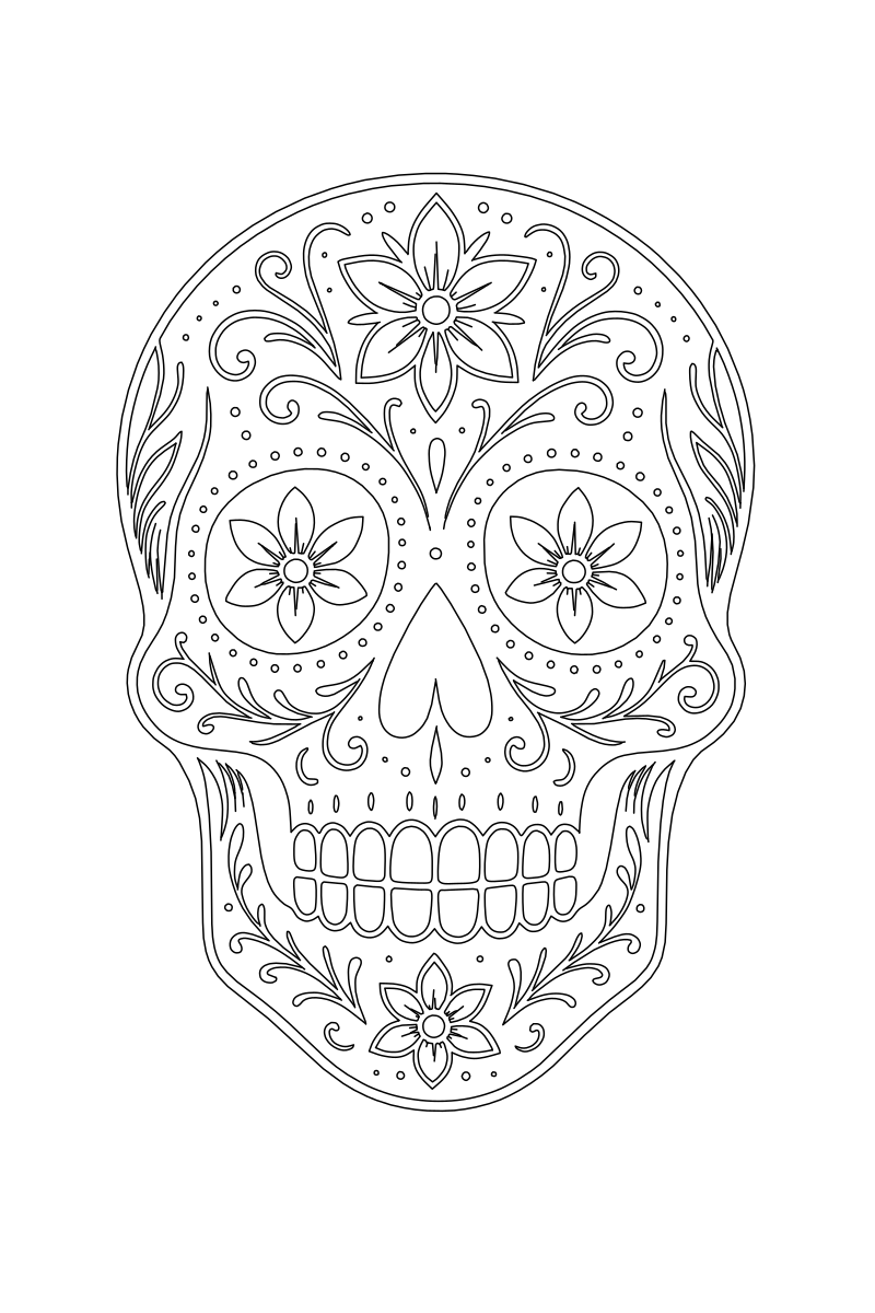 Day of the Dead sugar skull vector line drawing, floral eye sockets, forehead scrollwork, and exposed teeth grid.