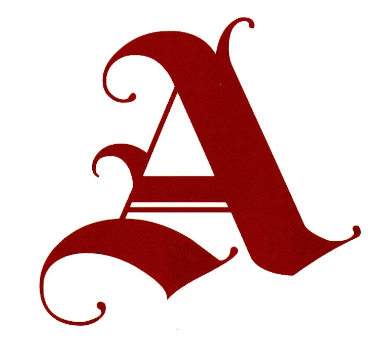 Original photo — Decorative initial letter A vector line drawing, blackletter style with calligraphic flourishes, spiral terminals and scrollwork serifs.
