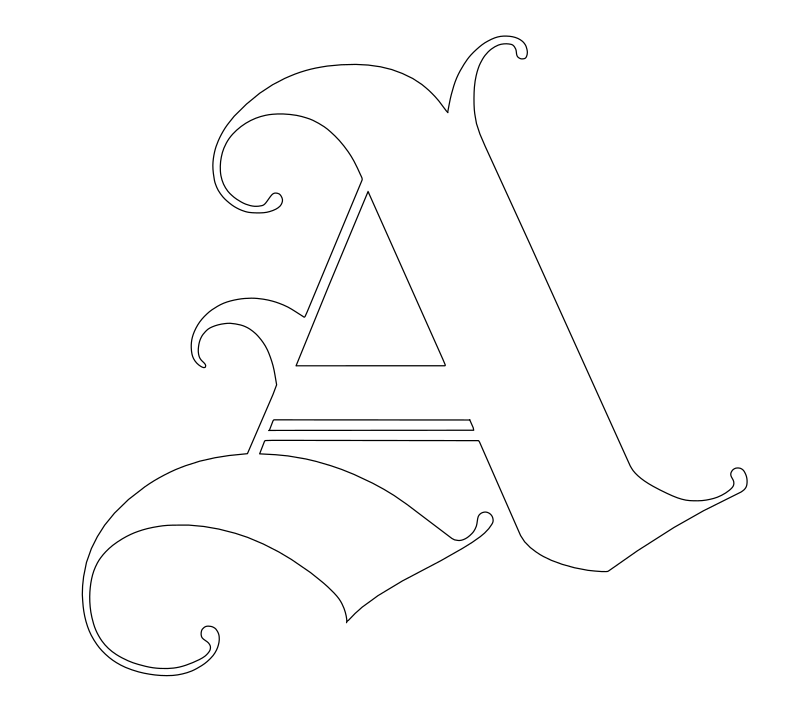 Decorative initial letter A vector line drawing, blackletter style with calligraphic flourishes, spiral terminals and scrollwork serifs.