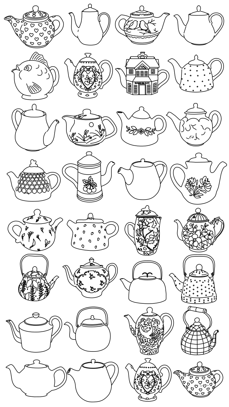 Decorative teapot collection vector line drawing, thirty-two varied forms with spout profiles, lid knobs, and surface pattern details.