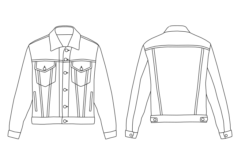 Denim trucker jacket vector line drawing, front and back views with chest pockets, button placket, yoke seam and cuffed sleeves.