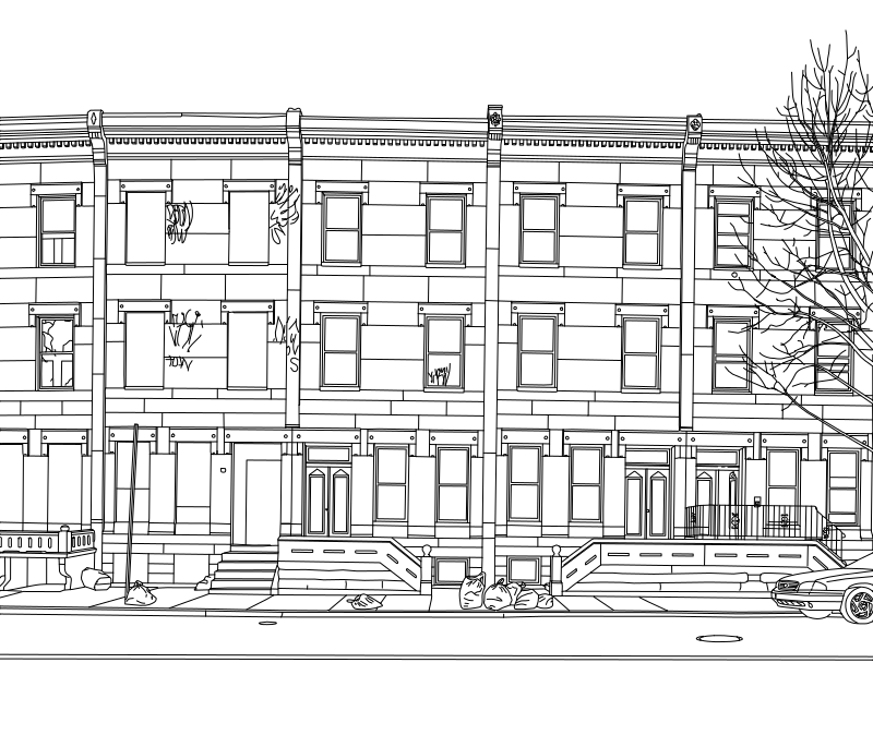 Street elevation line drawing of attached row houses on Diamond Street, Philadelphia, with cornices, windows, doors and stoops