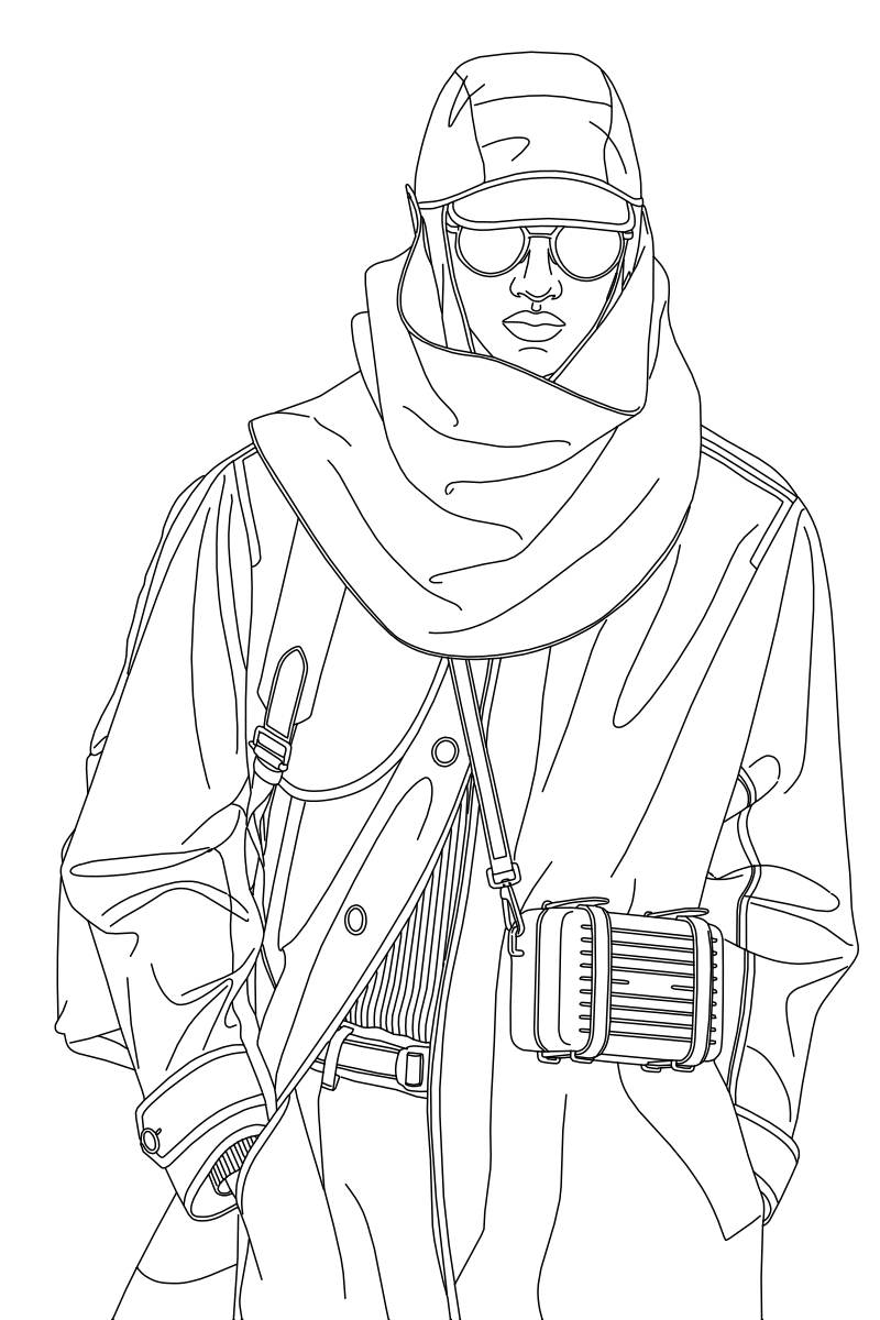 Dior menswear runway look vector line drawing, oversized trench coat, layered hood and cap, and miniature hard-shell crossbody bag.