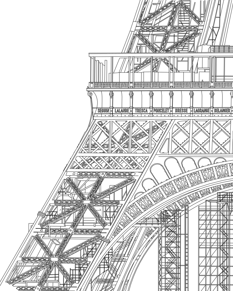 Eiffel Tower first-floor detail vector line drawing, ornamental arched trusses, latticed cross-bracing and engraved scientist frieze.