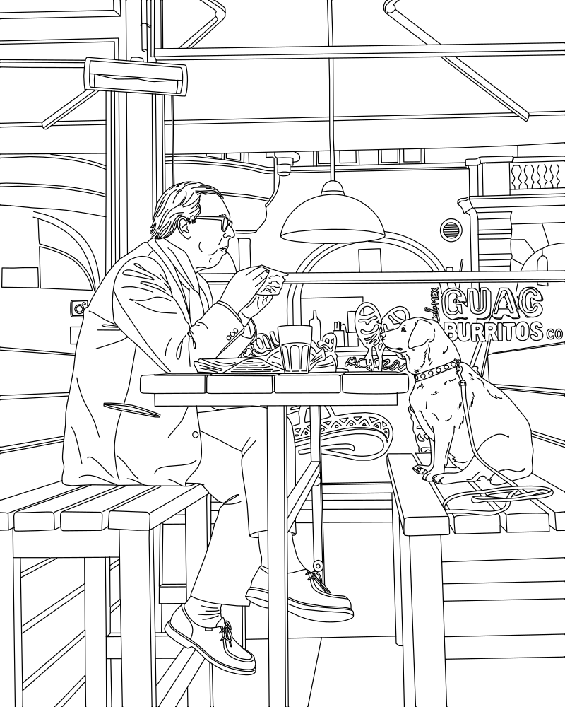 Elderly man dining with dog vector line drawing, seated at a bench table with hanging lamp, dog in collar sitting upright opposite.